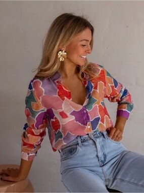 NWT Colorful Abstract Print Button-Up Shirt Business Attire Workwear Top Size S